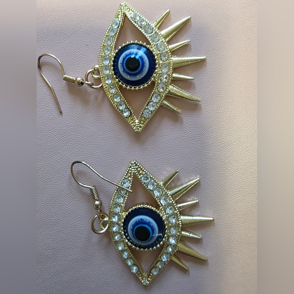 Gold and Blue Evil Eye Earrings NWOT